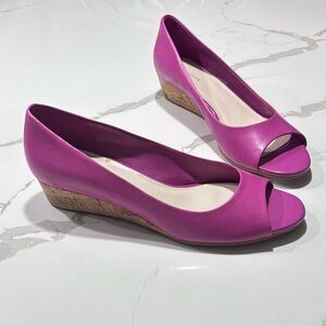Cole Haan Women's Hot Pink Matte Finish Peep Toe Wedge Heels Cork Pumps Size 7.5